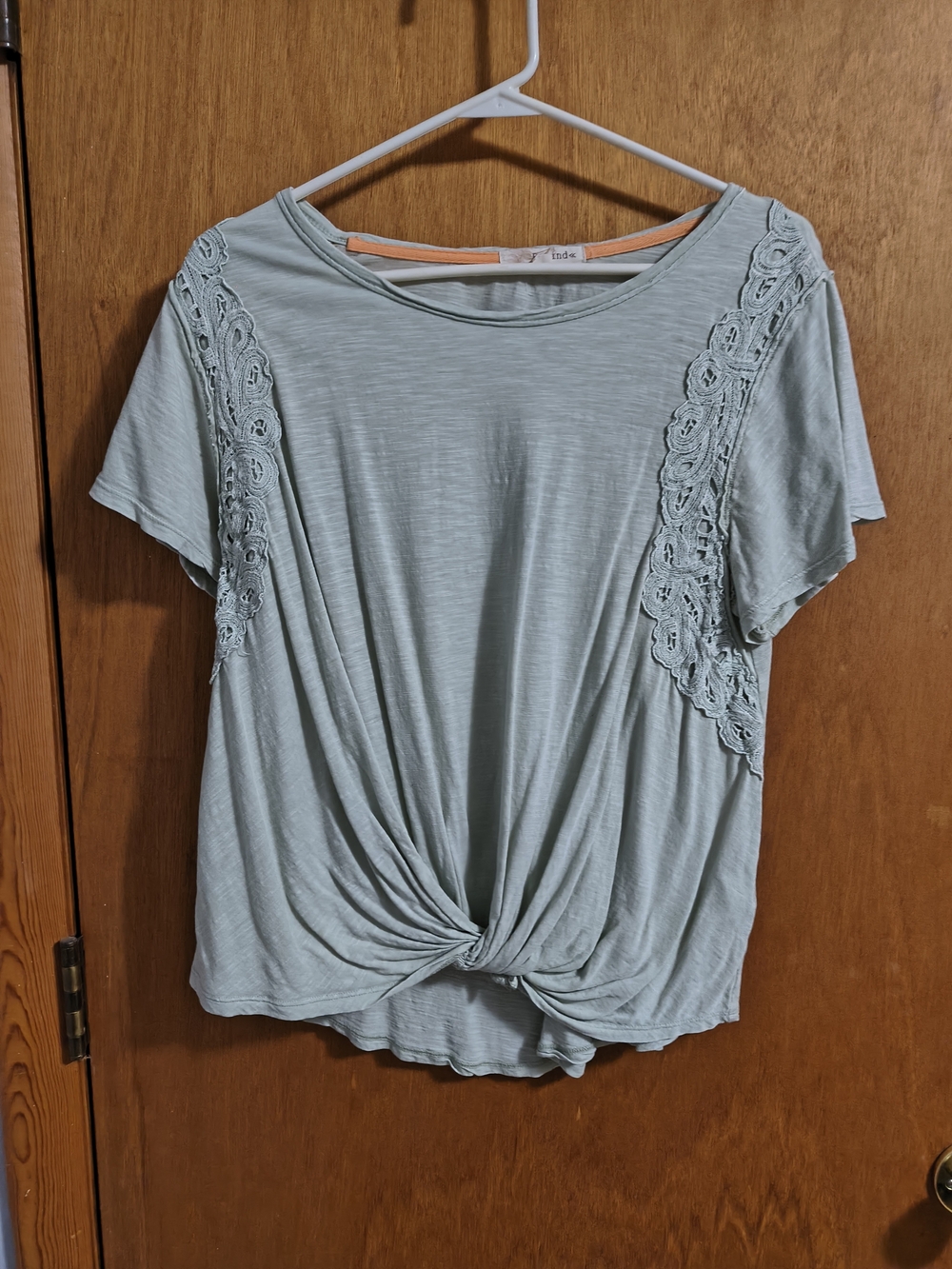 Rewind Light Sage Lace-Trim Knot Front Short Sleeve Top